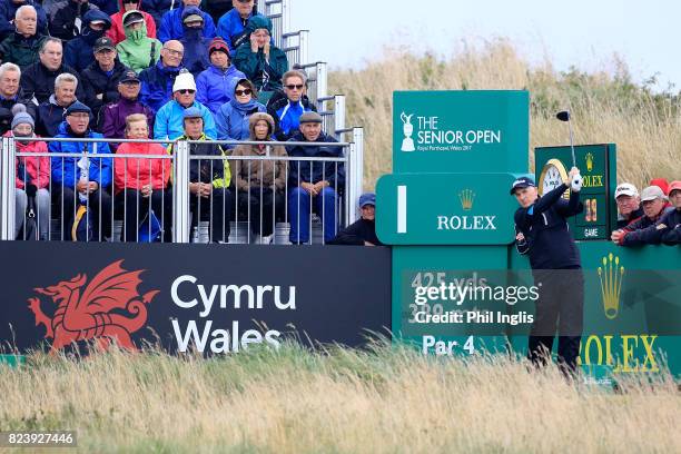 Philip Price of Wales in action during the second round of the Senior Open Championship presented by Rolex at Royal Porthcawl Golf Club on July 28,...