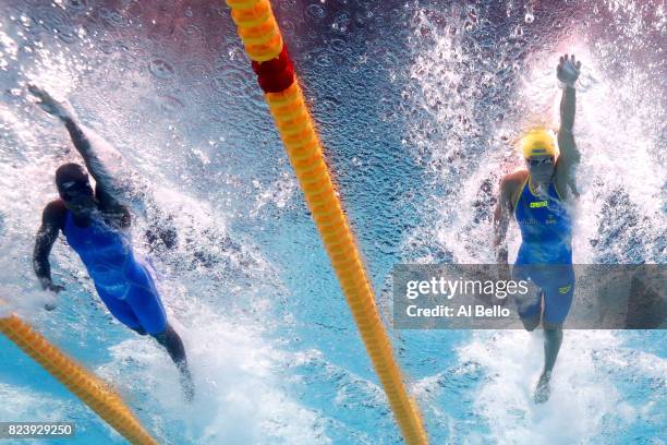 Simone Manuel of the United States and Sarah Sjostrom of Sweden compete during the Women's 100m Freestyle final on day fifteen of the Budapest 2017...