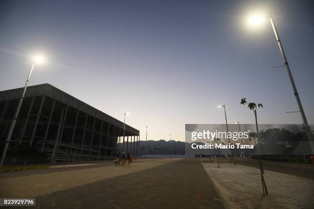 The shuttered Aquatics Stadium stands in the Olympic Park, in the Barra da Tijuca neighborhood, on July 23, 2017 in Rio de Janeiro, Brazil. Nearly...
