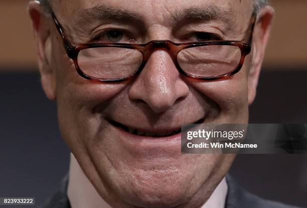 Senate Minority Leader Chuck Schumer answers questions during a press conference at the U.S. Capitol on the result of today's early morning Senate...