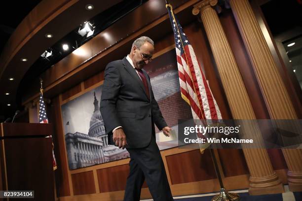 Senate Minority Leader Chuck Schumer departs after a press conference at the U.S. Capitol on the result of today's early morning Senate vote on...