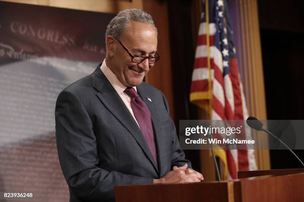 Senate Minority Leader Chuck Schumer answers questions during a press conference at the U.S. Capitol on the result of today's early morning Senate...
