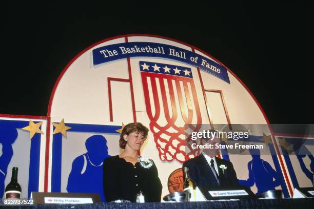 Carol Blazejowski and Denny Crum pose for a photo before their induction into the Naismith Memorial Basketball Hall of Fame Class of 1994 on May 10,...