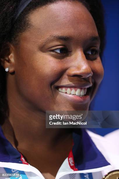 Simone Manuel of United States is seen after she wins the Women's 100m Freestyle during day fiifteen of the FINA World Championships at the Duna...