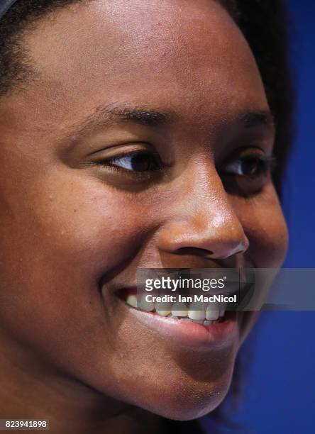 Simone Manuel of United States is seen after she wins the Women's 100m Freestyle during day fiifteen of the FINA World Championships at the Duna...