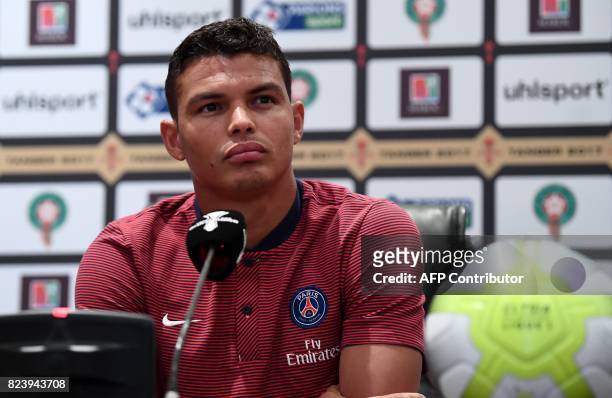 Paris Saint-Germain's Brazilian defender Thiago Silva holds a press conference at the Grand Stade in Tangiers on July 28, 2017 on the eve of the...