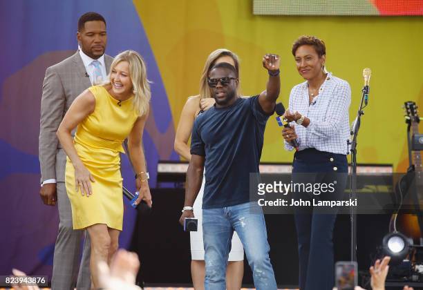 Anchors Michael Strahan, Lara Spencer and Robin Roberts join Kevin Hart as Imagine Dragons perform On ABC's "Good Morning America" at Rumsey...