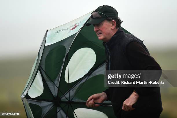 Eamonn Darcy of Ireland looks on during the second round of the Senior Open Championship presented by Rolex at Royal Porthcawl Golf Club on July 28,...
