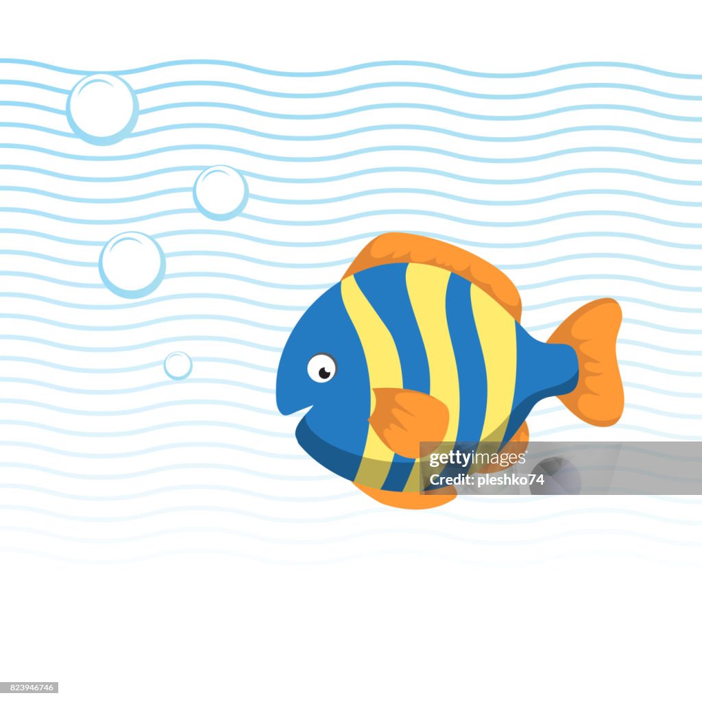 Moda De Dibujos Animados Peces Rayas Nadando Bajo El Agua Ondas Azul Y  Burbujas Ilustración De Vector Colorido Estilo Plano Ilustración de stock -  Getty Images