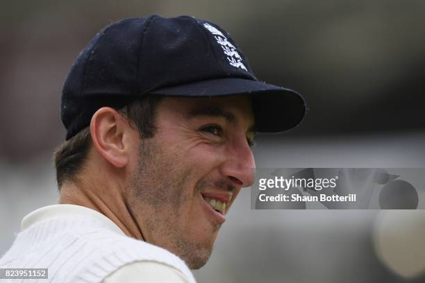Toby Roland-Jones of England during day two of the 3rd Investec Test match between England and South Africa at The Kia Oval on July 28, 2017 in...