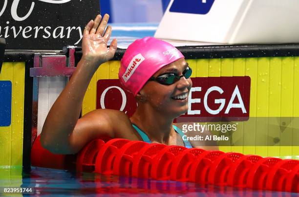 Yuliya Efimova of Russia celebrates after winning the gold medal during the Women's 200m Breaststroke final on day fifteen of the Budapest 2017 FINA...