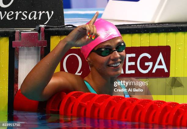 Yuliya Efimova of Russia celebrates after winning the gold medal during the Women's 200m Breaststroke final on day fifteen of the Budapest 2017 FINA...