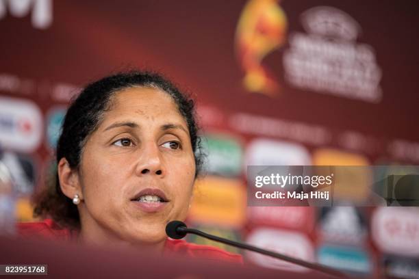 Head Coach Steffi Jones of Germany speaks during a press conference prior the Quarter Final on July 28, 2017 in Rotterdam, Netherlands.