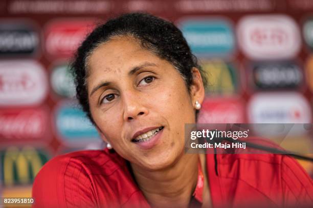 Head Coach Steffi Jones of Germany speaks during a press conference prior the Quarter Final on July 28, 2017 in Rotterdam, Netherlands.