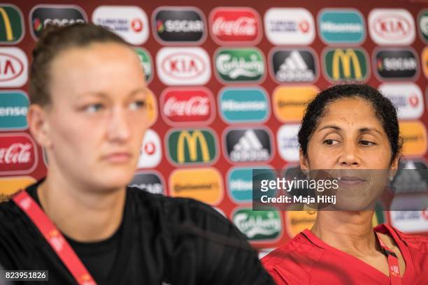 Head Coach Steffi Jones of Germany sits next to Almuth Schult during a press conference prior the Quarter Final on July 28, 2017 in Rotterdam,...
