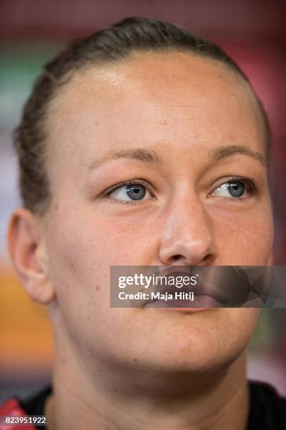 Almuth Schult of Germany looks on during a press conference prior the Quarter Final on July 28, 2017 in Rotterdam, Netherlands.