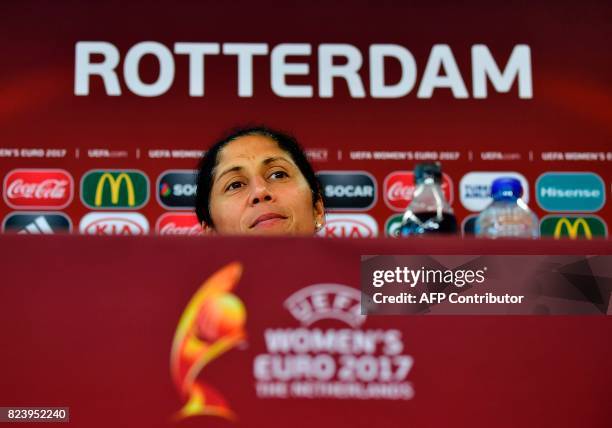 Germany's coach Steffi Jones holds a press conference at the Sparta Rotterdam Stadium during the UEFA Women's Euro 2017 football tournament in...