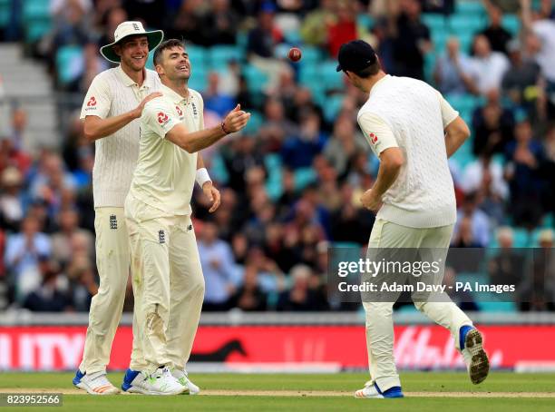 England's James Anderson celebrates catching and bowling out South Africa's Chris Morris during day two of the 3rd Investec Test match at the Kia...