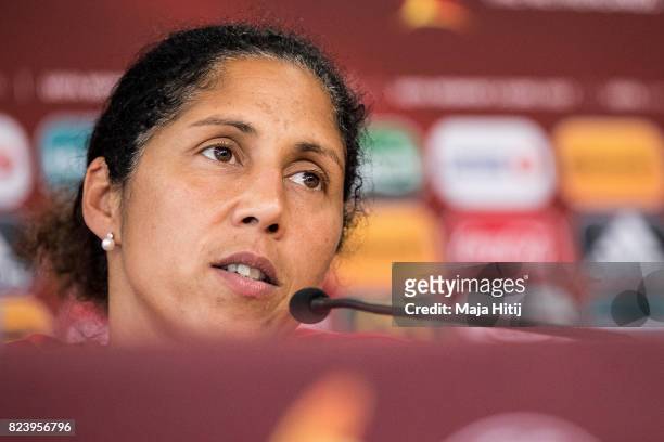 Head Coach Steffi Jones of Germany speaks during a press conference prior the Quarter Final on July 28, 2017 in Rotterdam, Netherlands.