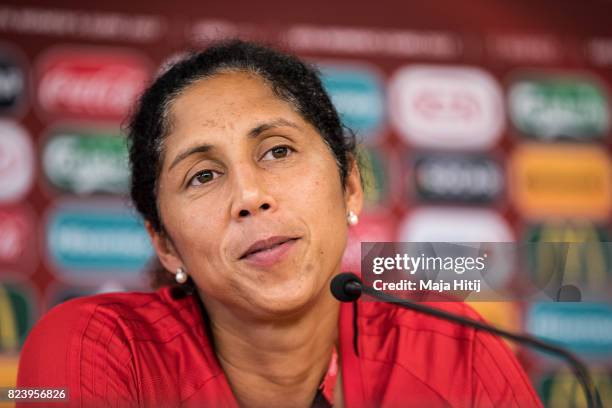 Head Coach Steffi Jones of Germany speaks during a press conference prior the Quarter Final on July 28, 2017 in Rotterdam, Netherlands.