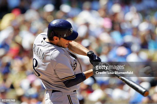 Ryan Braun of the Milwaukee Brewers hits a single in the fifth inning against the Los Angeles Dodgers at Dodger Stadium on August 17, 2008 in Los...