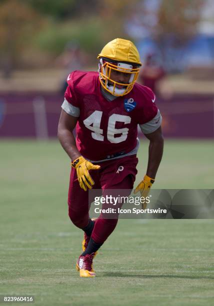 Washington Redskins linebacker Nico Marley rushes upfield during the Redskins training camp afternoon practice on July 27, 2017 at Bon Secours...