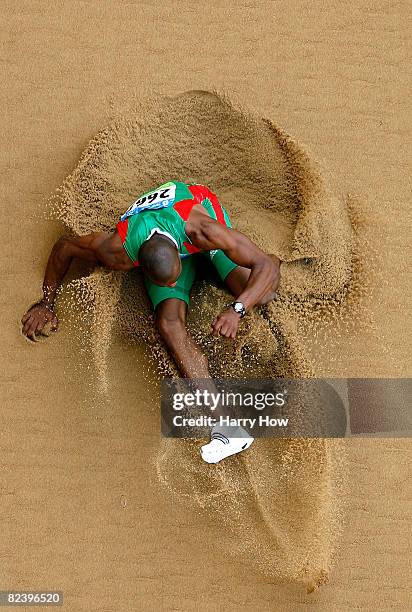 Nelson Evora of Portugal competes in the Men's Triple Jump Qualifying Round at the National Stadium on Day 10 of the Beijing 2008 Olympic Games on...