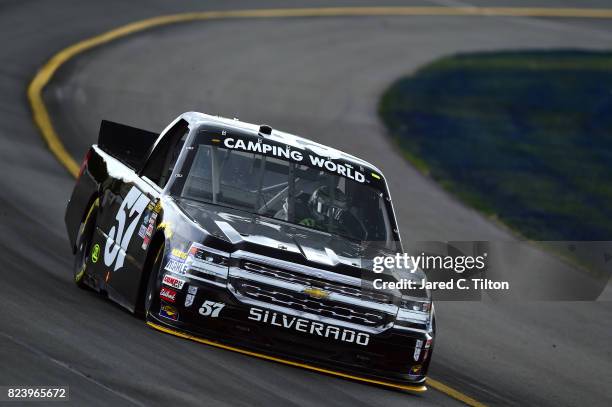 Mike Senica, driver of the Chevrolet, practices for the NASCAR Camping World Truck Series Overton's 150 at Pocono Raceway on July 28, 2017 in Long...