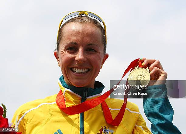 Emma Snowsill of Australia poses with her gold medal after winning the women's triathlon event at the Triathlon Venue on Day 10 of the Beijing 2008...