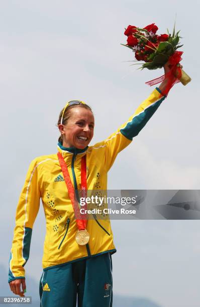 Emma Snowsill of Australia poses with her gold medal after winning the women's triathlon event at the Triathlon Venue on Day 10 of the Beijing 2008...