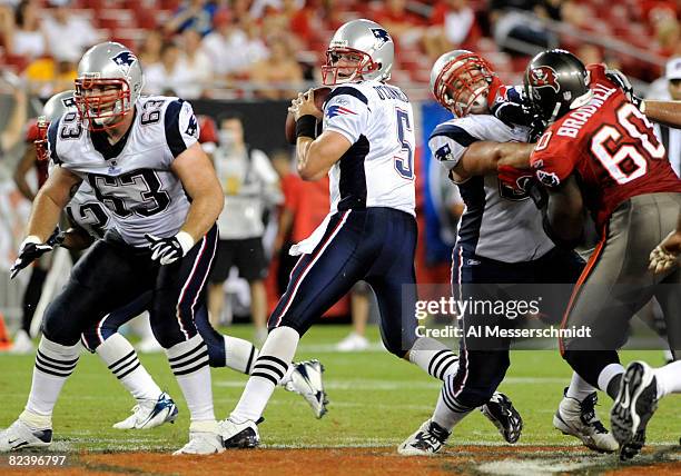 Quarterback Kevin O'Connell of the New England Patriots sets to pass against the Tampa Bay Buccaneers at Raymond James Stadium on August 17, 2008 in...