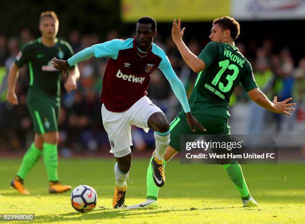 Milos Veljkovic of Bremen and Pedro Obiang of West Ham battle for the ball during the pre-season friendly match between Werder Bremen and West Ham...