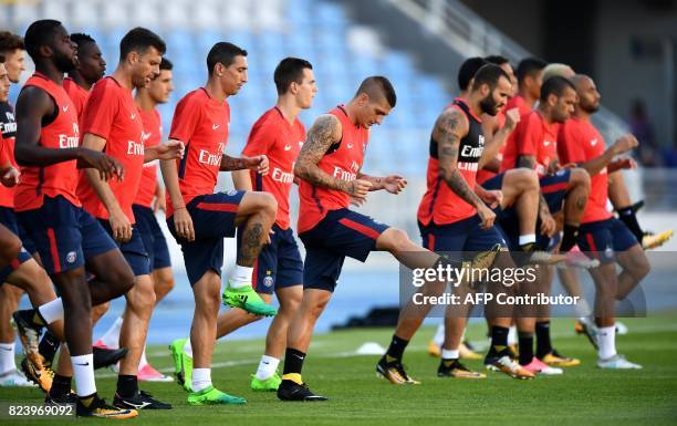 Paris Saint-Germain's players take part in a training session at the Grand Stade in Tangiers on July 28, 2017 on the eve of the French Trophy of...