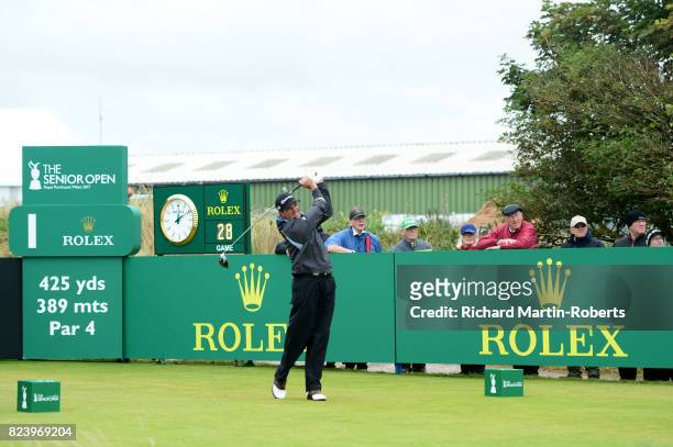 Ted Tryba of the United States tees off on the 1st hole during the second round of the Senior Open Championship presented by Rolex at Royal Porthcawl...