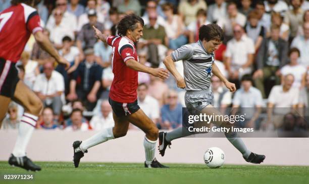 Southampton defender Ivan Golac challenges Newcastle striker Peter Beardsley during the First Division match between Southampton and Newcastle United...