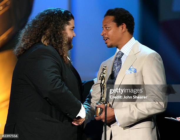 Actor Jorge Garcia and Terrence Howard onstage at the 2008 ALMA Awards at the Pasadena Civic Auditorium on August 17, 2008 in Pasadena, California.