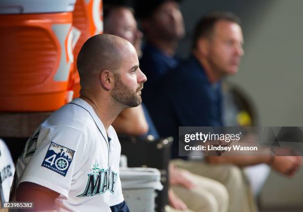 Marc Rzepczynski of the Seattle Mariners sits on the bench after throwing only one pitch before being taken out of the game against the New York...