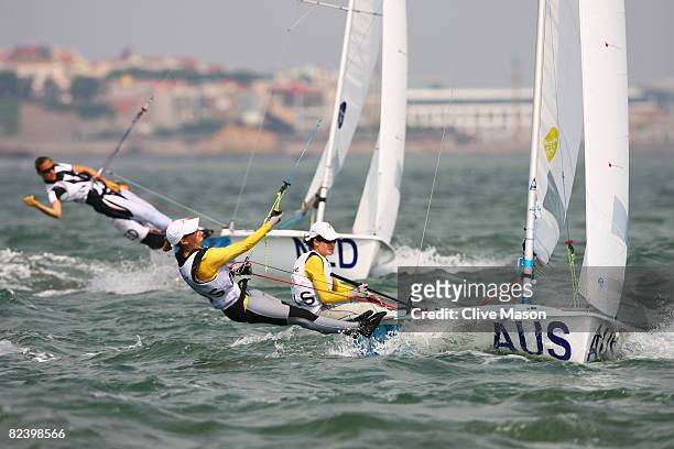 Elise Rechichi and Tessa Parkinson of Australia compete on their way to overall victory in the Women's 470 class medal race held at the Qingdao...