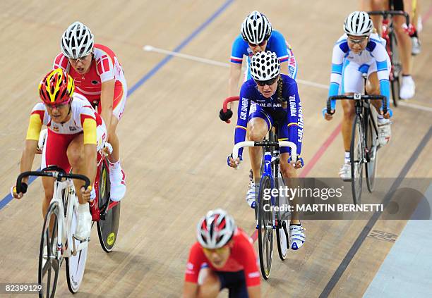 Tracks cyclist Maria Luisa Calle of Colombia, competes in the 2008 Beijing Olympic Games women's points race at the Laoshan Velodrome in Beijing on...