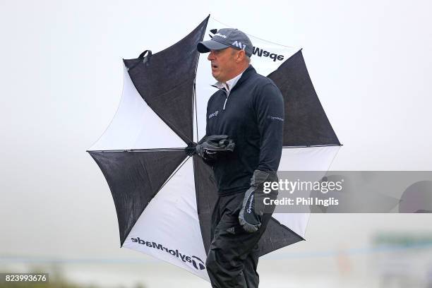 Paul McGinley of Ireland in action during the second round of the Senior Open Championship presented by Rolex at Royal Porthcawl Golf Club on July...