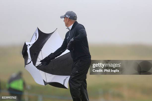 Paul McGinley of Ireland in action during the second round of the Senior Open Championship presented by Rolex at Royal Porthcawl Golf Club on July...