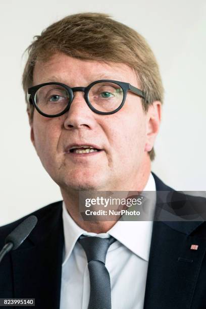 Deutsche Bahn Infrastructure Manager Ronald Pofalla is pictured during a news conference regarding the future opening of the high speed connection...