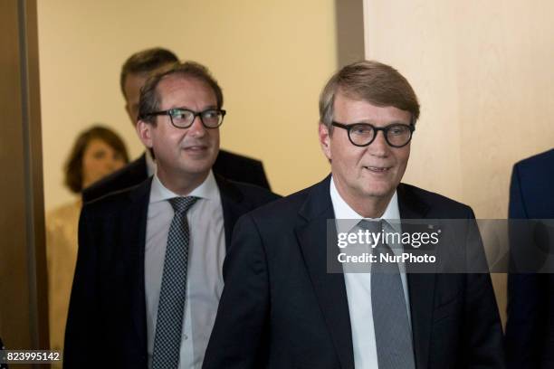 German Transport Minister Alexander Dobrindt and Deutsche Bahn Infrastructure Manager Ronald Pofalla arrive to a news conference regarding the future...