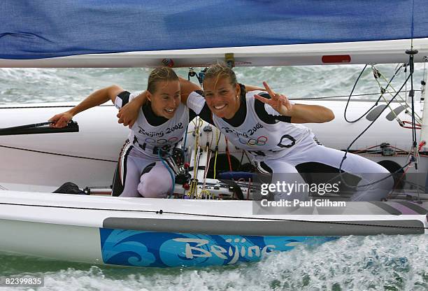 Marcelien De Koning and Lobke Berkhout of Netherlands celebrate after finishing second overall following the Women's 470 class medal race held at the...