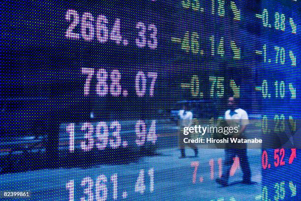 reflection of stock readings in window - stock market covid stock pictures, royalty-free photos & images