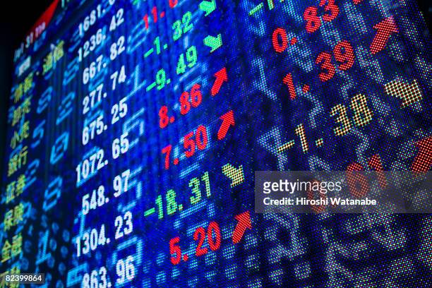 reflection of stock readings in window - börsenkurs stock-fotos und bilder