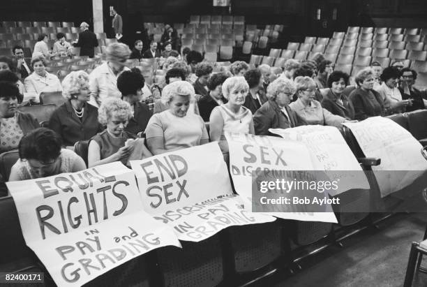 Striking female machinists from the Ford plant in Dagenham attend a women's conference on equal rights in industry at Friends House, Euston, 28th...