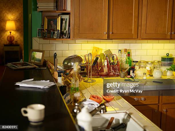 authentic messy kitchen - untidy sink stock pictures, royalty-free photos & images