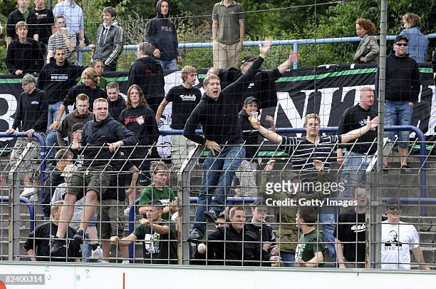 Supporters of Luebeck during the Regionalliga match between SV Babelsberg 03 and VfB Luebeck at the Karl-Liebknecht-Stadion on August 16, 2008 in...