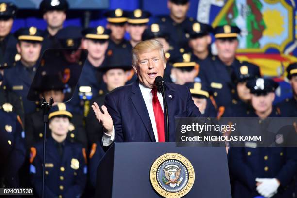 President Donald Trump delivers remarks on law enforcement at Suffolk Community College in Ronkonkoma, New York July 28, 2017.